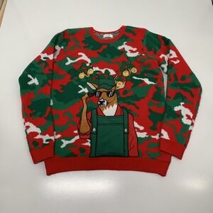 Holiday Time Camo Ugly Christmas Sweater M Reindeer Elf Ornaments Real Pocket